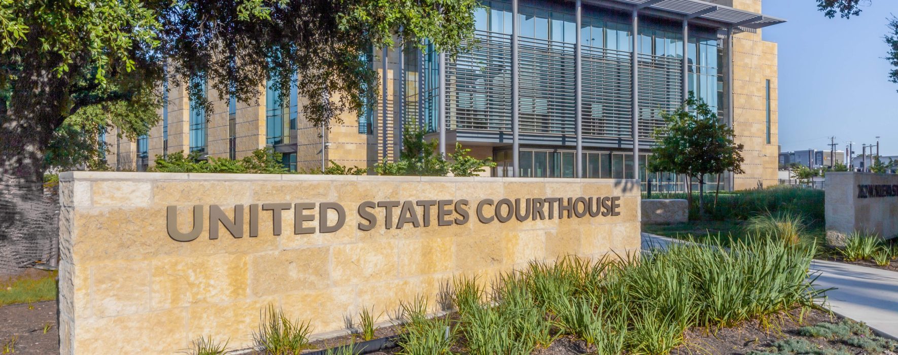 Exterior United States Courthouse brick sign at San Antonio Federal Courthouse